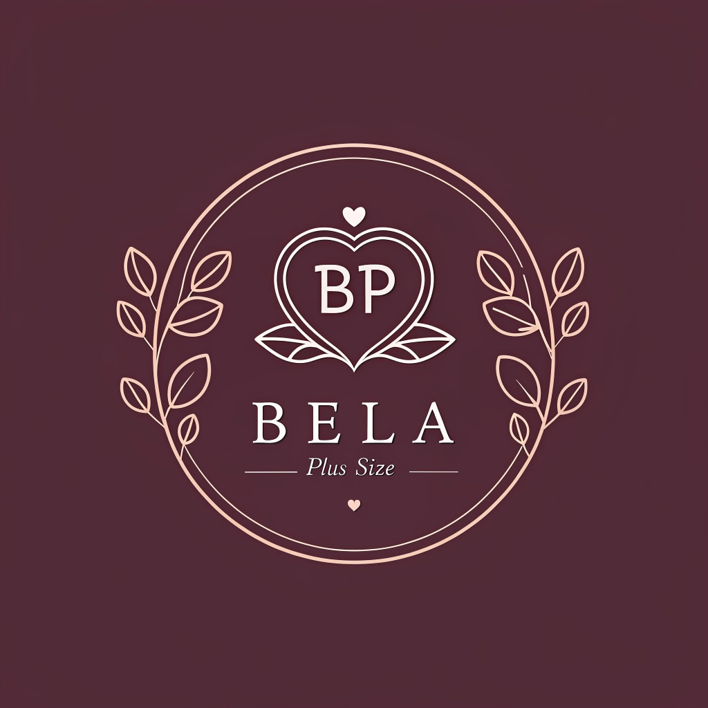 Logo for 'Bela Plus Size', a sophisticated plus-size fashion brand. Minimalist emblem combining initials 'BP' with delicate feminine lines and a subtle heart. Colors: Dark brown (#3D2B27) and Nude pinkish (#A67C6F). Elegant, premium boutique style.